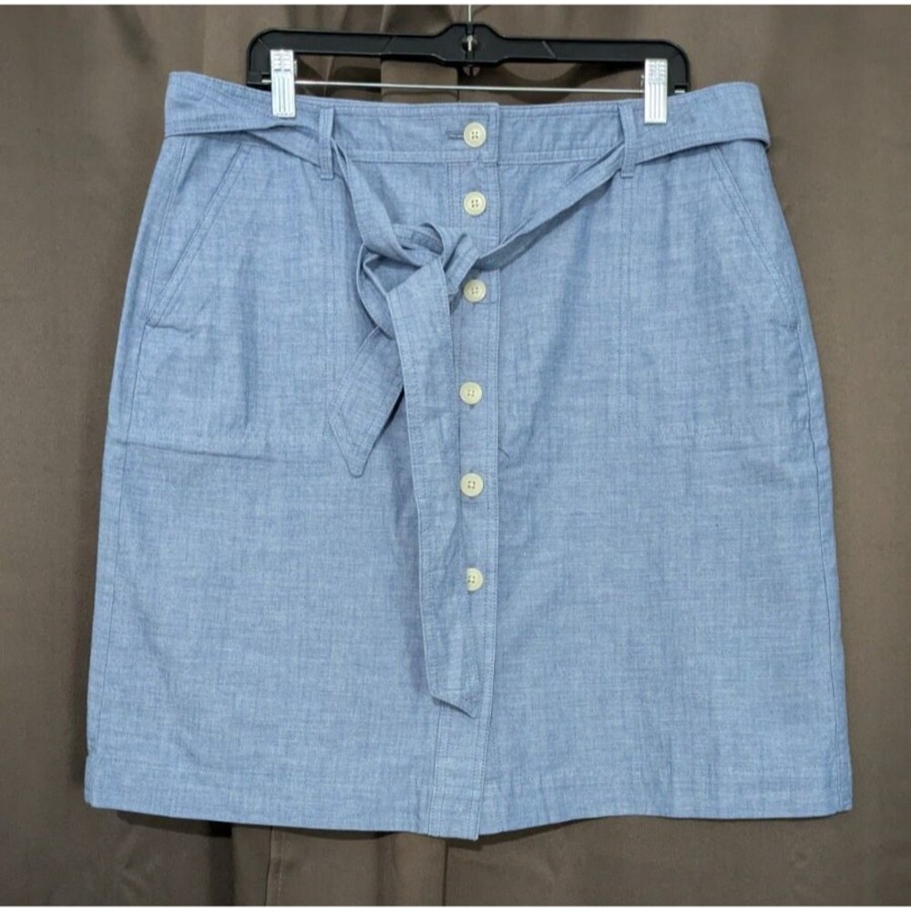 Talbots Chambray Skirt Womens 14 Blue Coastal Belted Newport Button Up